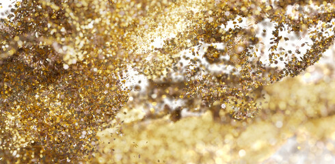 Shimmering gold and white star confetti. Festive, luxurious texture. Ideal for holidays, celebrations, and glamour.