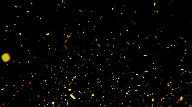 Colorful golden confetti fireworks exploding on a black background, 4K animation of confetti explosion and fall, 3D animation frames, confetti bomb effect from inside