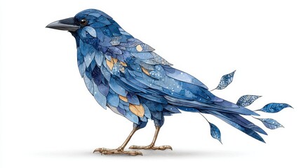 A beautiful watercolor crow is illustrated with blue feathers and details.