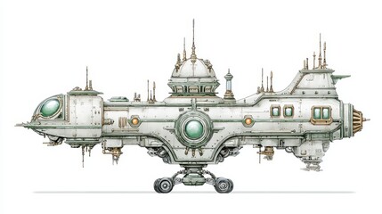 A retro futuristic spaceship with intricate detailing soars against white sky.