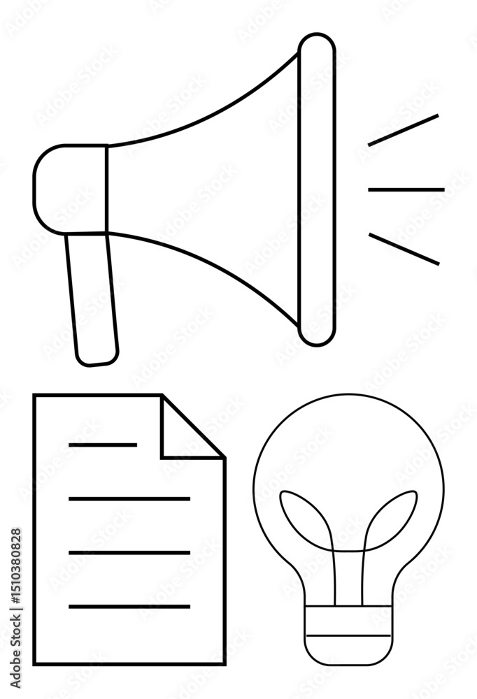 Poster megaphone with sound lines, document with text lines, and lightbulb symbolizing communication, conte