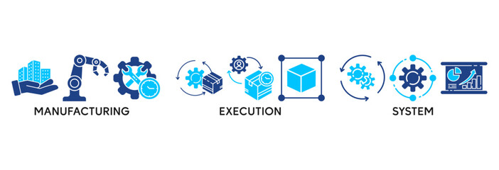 MES icon set vector illustration concept relate to  manufacturing execution system with icon of factory, service, automation, operation, production, distribution, management, structure, and analysis