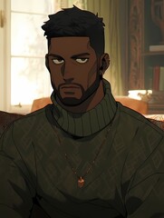 Anime mature man, dark skin, wild black hair, serious expression, sitting in living room, green sweater, heart pendant necklace, thoughtful.