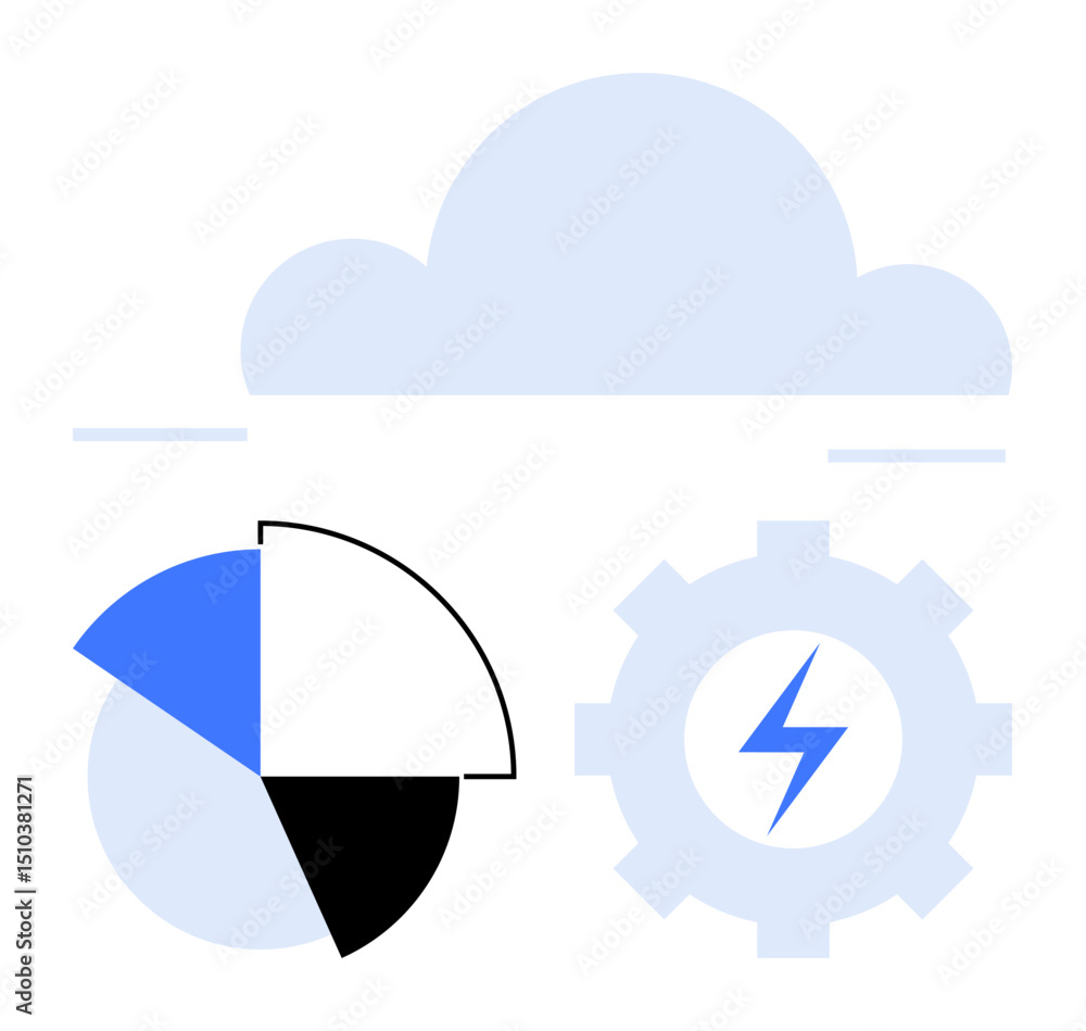Poster cloud with pie chart and cog wheel highlights cloud computing, data analytics, innovation, productiv