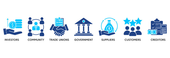 Stakeholder relationship icon set vector illustration concept relate to stakeholder, investor, government, and creditors with icon of community, trade unions, suppliers, and customers
