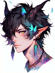 Anime fantasy male character, pointed ears, green eyes, black hair, butterfly earrings, necklace, neck tattoo, dragon horns.