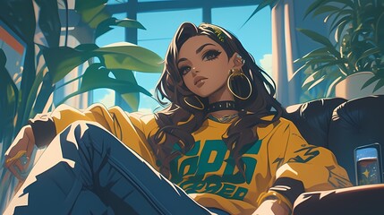 Young woman long brown hair hoop earrings sits relaxed on black couch, wearing yellow sweatshirt, anime illustration.