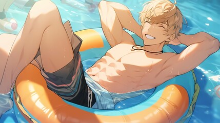 Young man with blonde hair and muscular build lying relaxed in swimming pool, smiling, enjoying sunlight