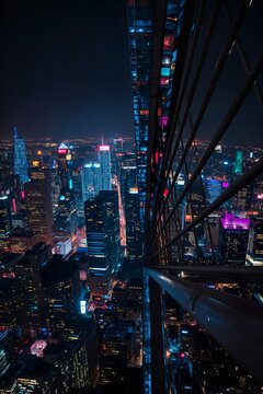 A view of a city at night from the top of a skyscraper.