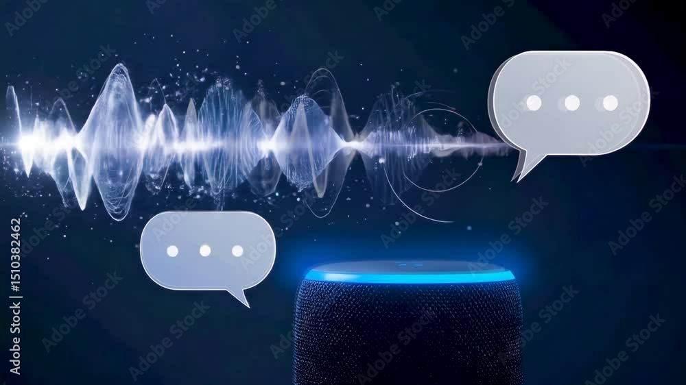 Poster a smart voice assistant emits glowing sound waves with speech bubbles, representing real-time ai int