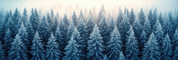 Winter wonderland featuring a dense forest blanketed in snow and fog