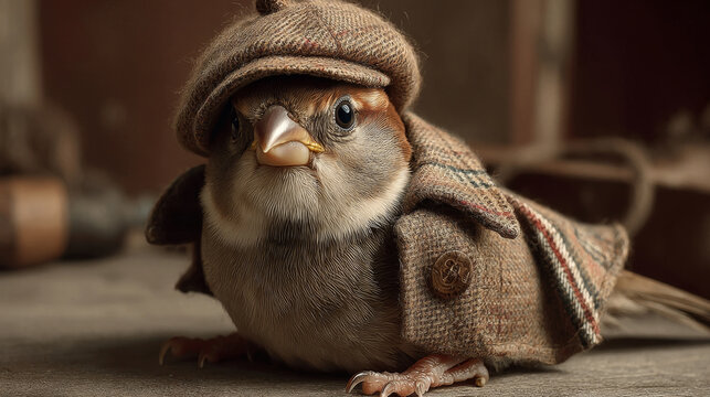 Stylish sparrow in miniature tweed jacket and cap