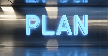 Bright blue PLAN sign illuminates metallic wall. Minimalist design, modern interior, sleek aesthetic. Focus on concept, strategy, future.