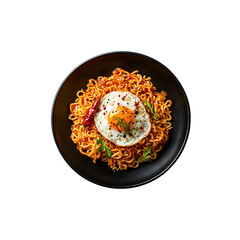 noodles with fried egg, cucumber, and chili on a plate isolated on a transparent background, in a PNG format