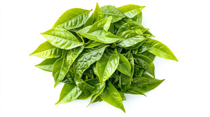 Obraz premium Top view of a pile of Sencha green tea leaves isolated on a white background, showcasing texture and natural color