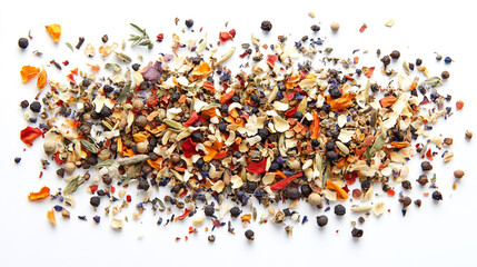 Top-down view of assorted spices and herbs artfully scattered across a clean surface