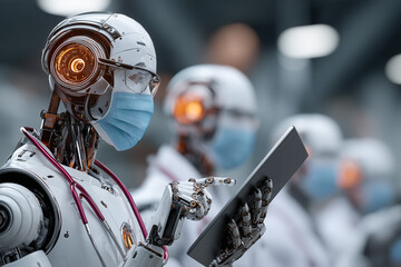 Medical Robot Workforce: A futuristic scene unveils a cohort of medical robots clad in white coats and face masks, engaged in healthcare tasks with precision and care.