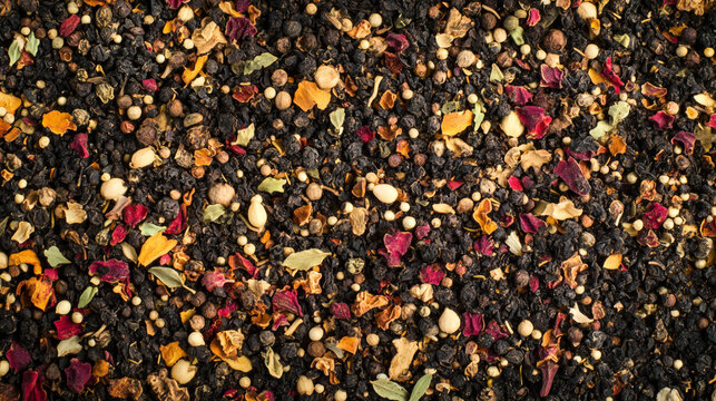 Top-down view of assorted spices and herbs artfully scattered across a clean surface