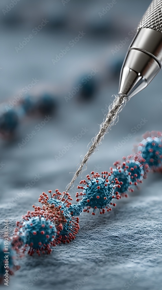 Poster a pen tip is shown writing or interacting with microscopic virus-like particles connected in a chain