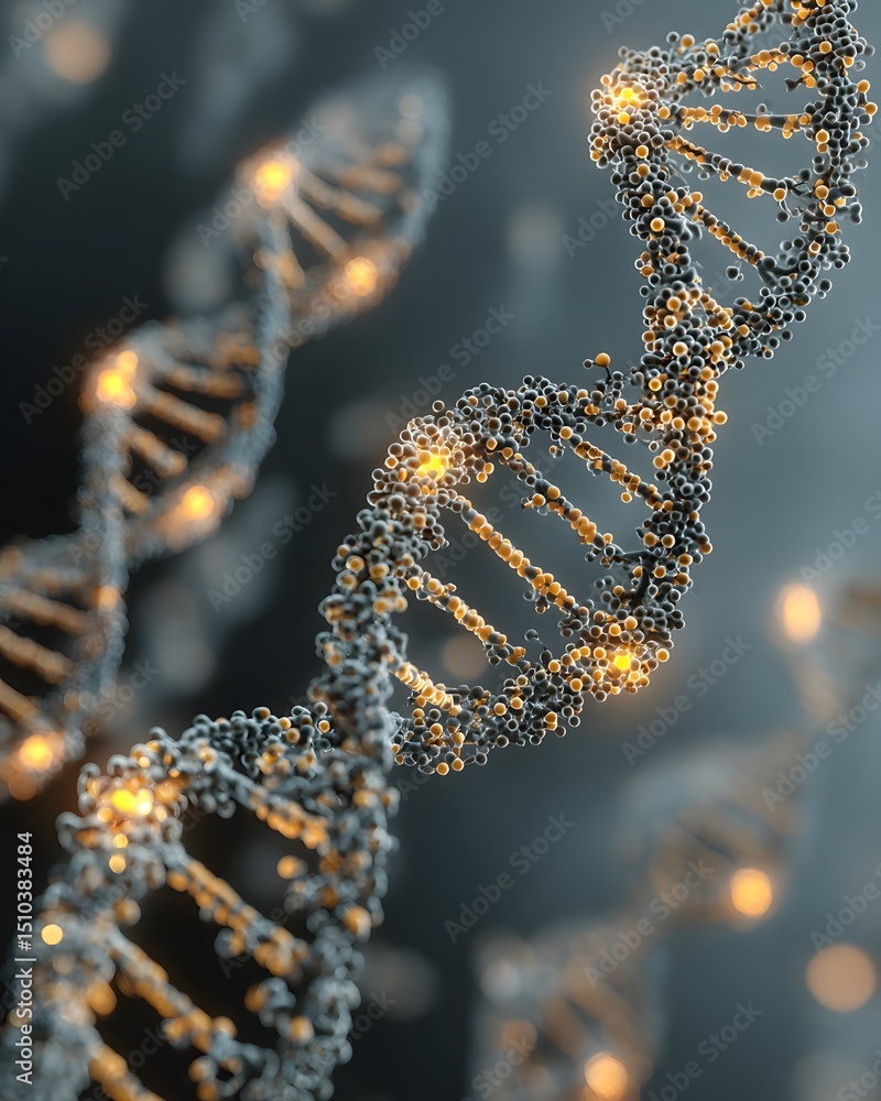 Poster close-up visualization of glowing dna double helix strands representing genetic science and biotechn