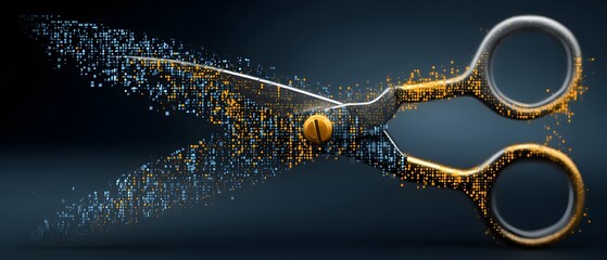 Fototapeta premium A metallic pair of scissors dissolves into digital pixels, blending technology with traditional tools.