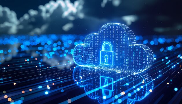 Cybersecurity cloud with binary code and digital lock