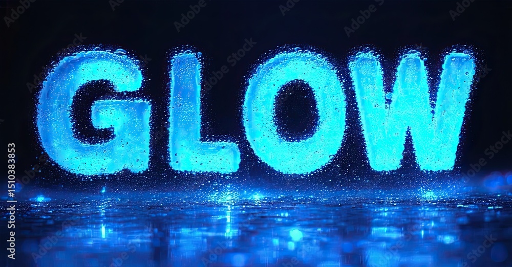 Leinwandbilder Bright blue word GLOW composed from sparkling particles. Dark background creates dramatic effect. Reflections visible below letters.