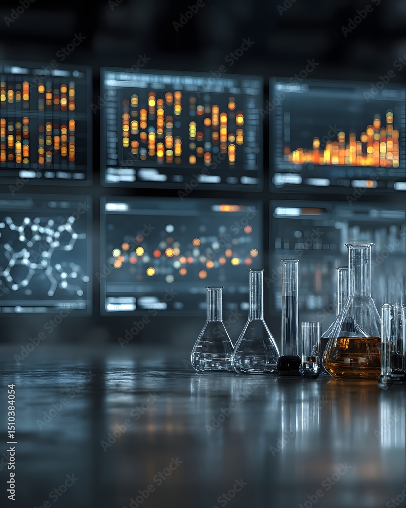 Poster laboratory glassware with colorful liquids stands in front of digital data screens displaying scient