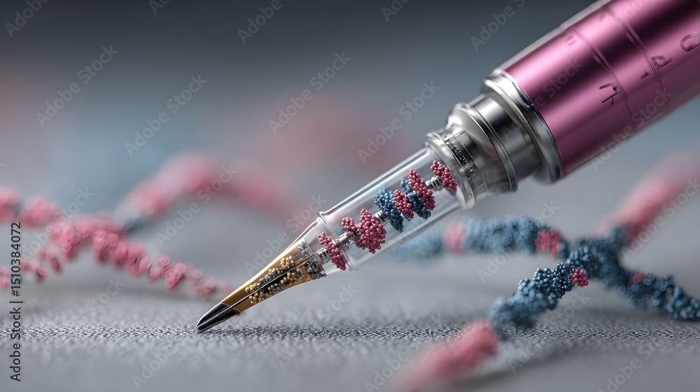 Poster a close-up of a pen tip with dna-like structures, symbolizing the connection between science and cre