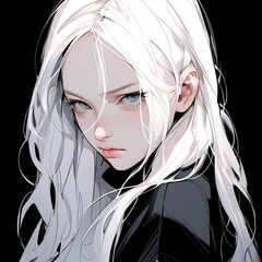 Anime young woman with blue eyes and white hair on black background portrait