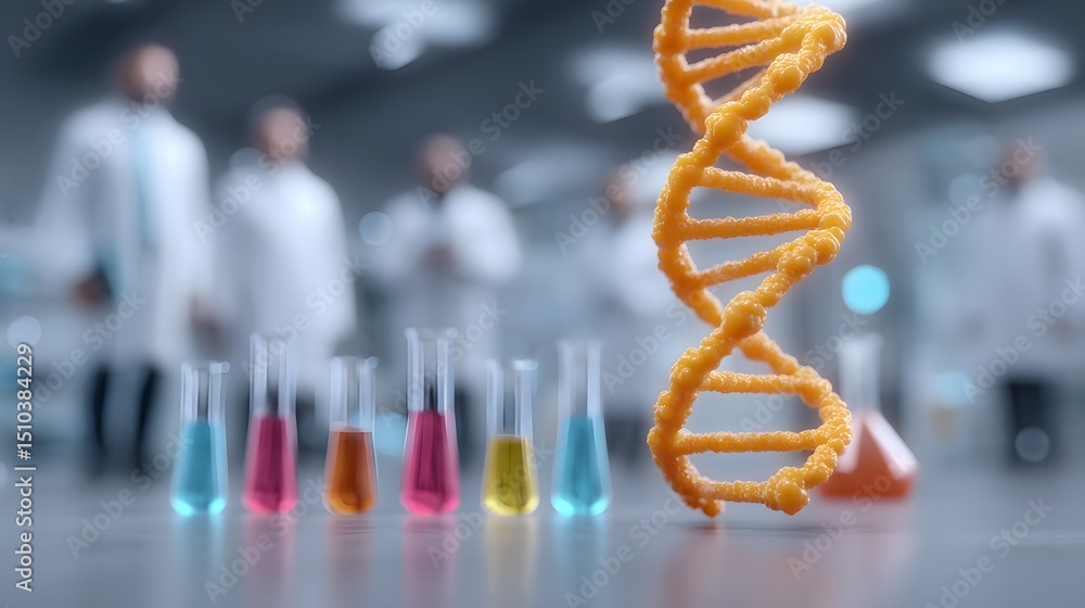 Poster a dna double helix model stands beside colorful test tubes in a laboratory with scientists in the ba
