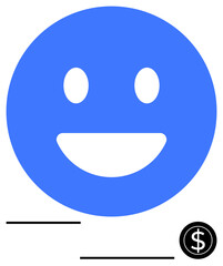 Smiling blue face with dollar sign, minimal design. Ideal for finance, success, positivity, online marketing, financial wellness, economic growth, simple landing page