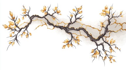 Obraz premium An abstract tree branch with golden leaves is displayed on white background.