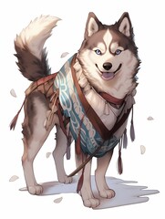 Charming husky dog illustration with blue eyes, fluffy coat, standing confidently, tongue out. Animal art.