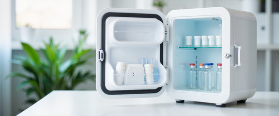 Compact white cosmetic fridge with vials on tidy office desk, hygiene concept