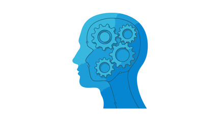 Blue Head Silhouette with Gears Inside Representing Thinking Process