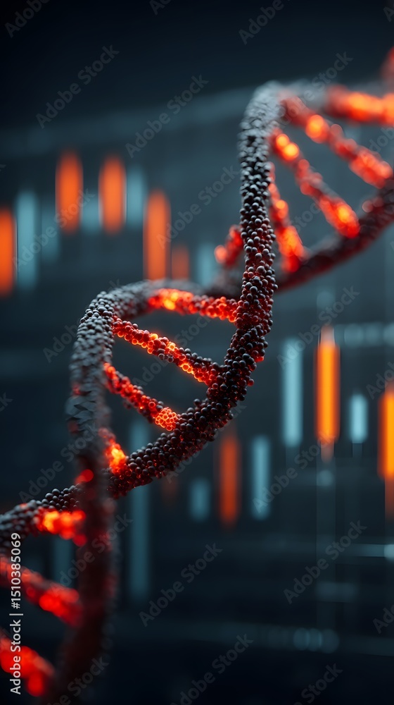 Poster a glowing dna double helix with data charts in the background, representing genetic science and biot
