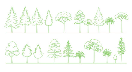 Architectural Drawings, Minimal style cad tree line drawing, Side view, set of section wildlife forest outline symbol for landscape design drawing. 