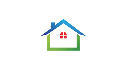 Stylized House Icon with Blue Roof Green Walls and Red Window
