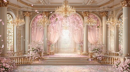 Opulent ballroom interior adorned with chandeliers, pink flowers, and elegant architecture
