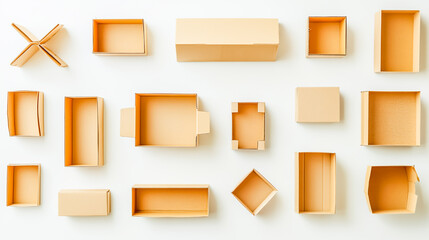 Open and closed cardboard boxes on white background