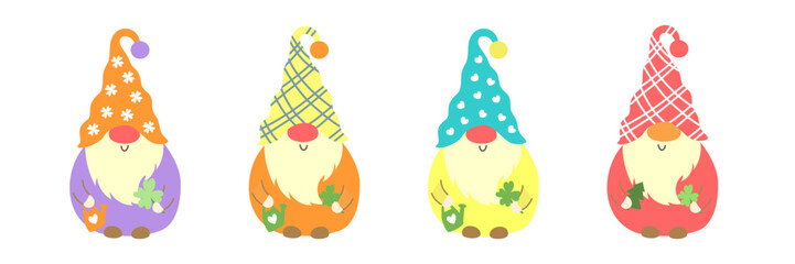Colorful Garden Gnome Set with Flowers and Plants. Whimsical Vector Gnomes with Floral Hats and Happy Expressions