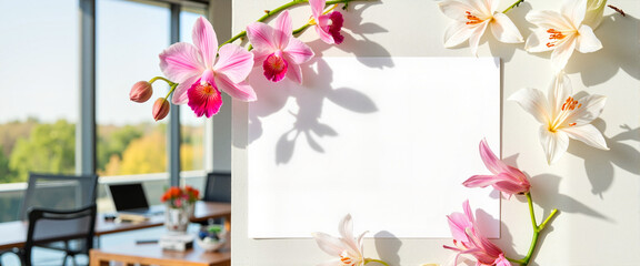 Bright floral arrangement beside blank A4 paper in modern office, creativity
