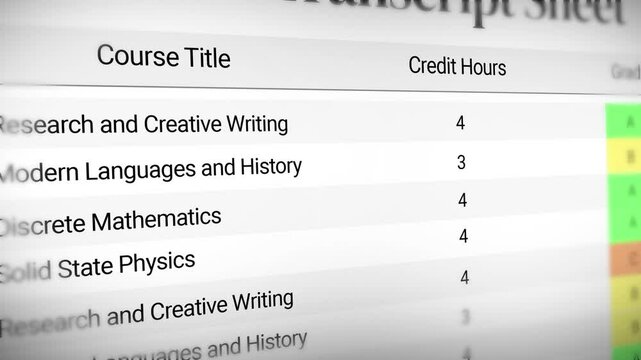 Student Marks sheet and transcript with subjects 4k animation scrolling, grades, education, university, college.