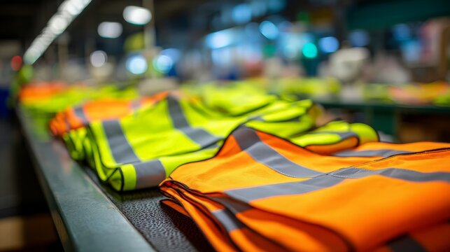 high-visibility reflective vests on factory conveyor, garment finishing and safety apparel 