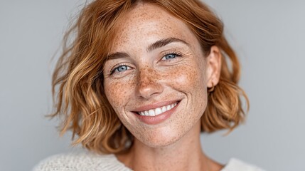Portrait of a beautiful smiling woman with freckles and red hair against a plain background
