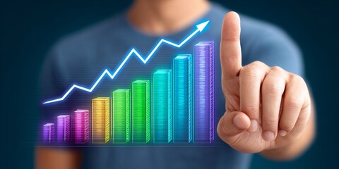 A financial analyst highlighting a GDP trend graph on a digital screen