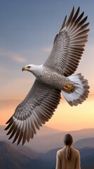Naklejka premium Majestic Eagle in Flight Above a Person at Sunset in Nature