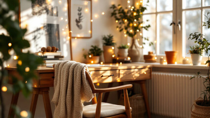 Cottagecore home office with fairy lights and blanket cozy