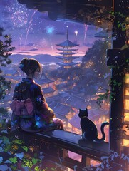 Anime illustration of a young girl in kimono with a black cat watching fireworks in a Japanese village